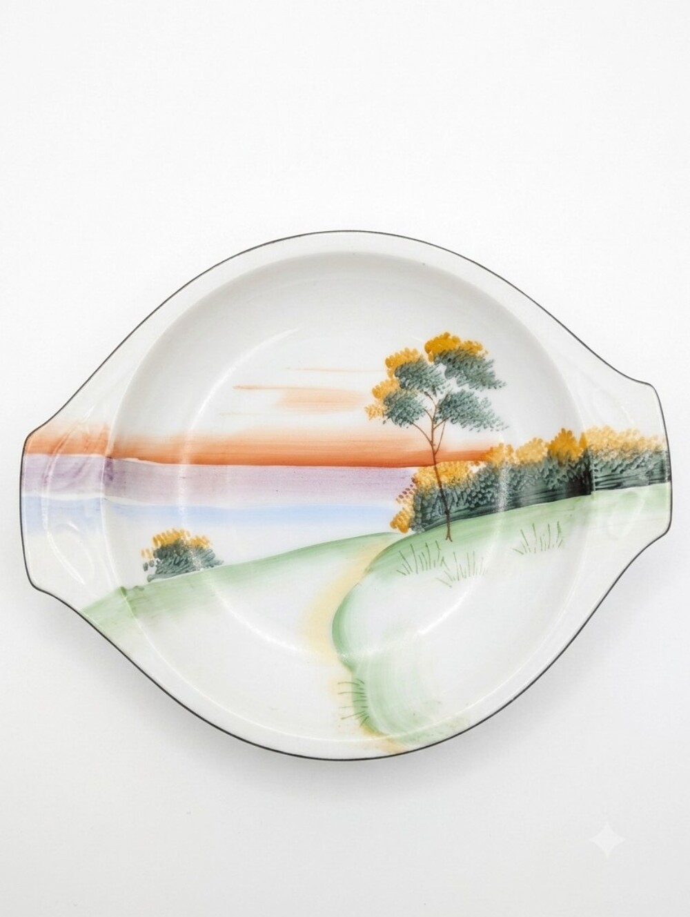 1930s-40s Meito China Hand-Painted Scenic Dish with Handles 7" Vintage